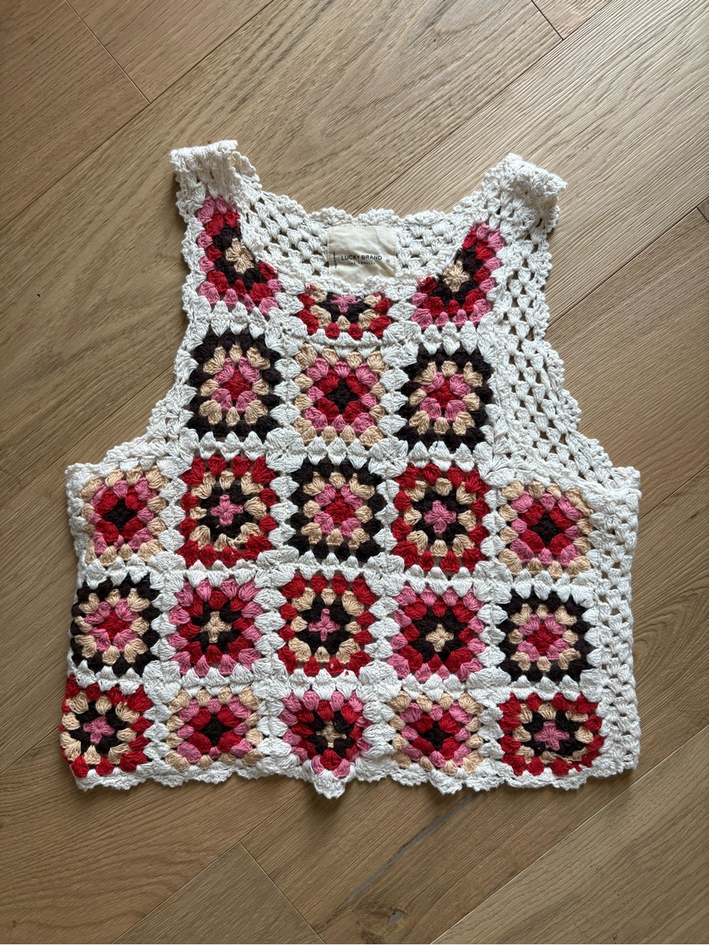 Lucky Brand Crochet Square Tank Top in White, Pink & Red